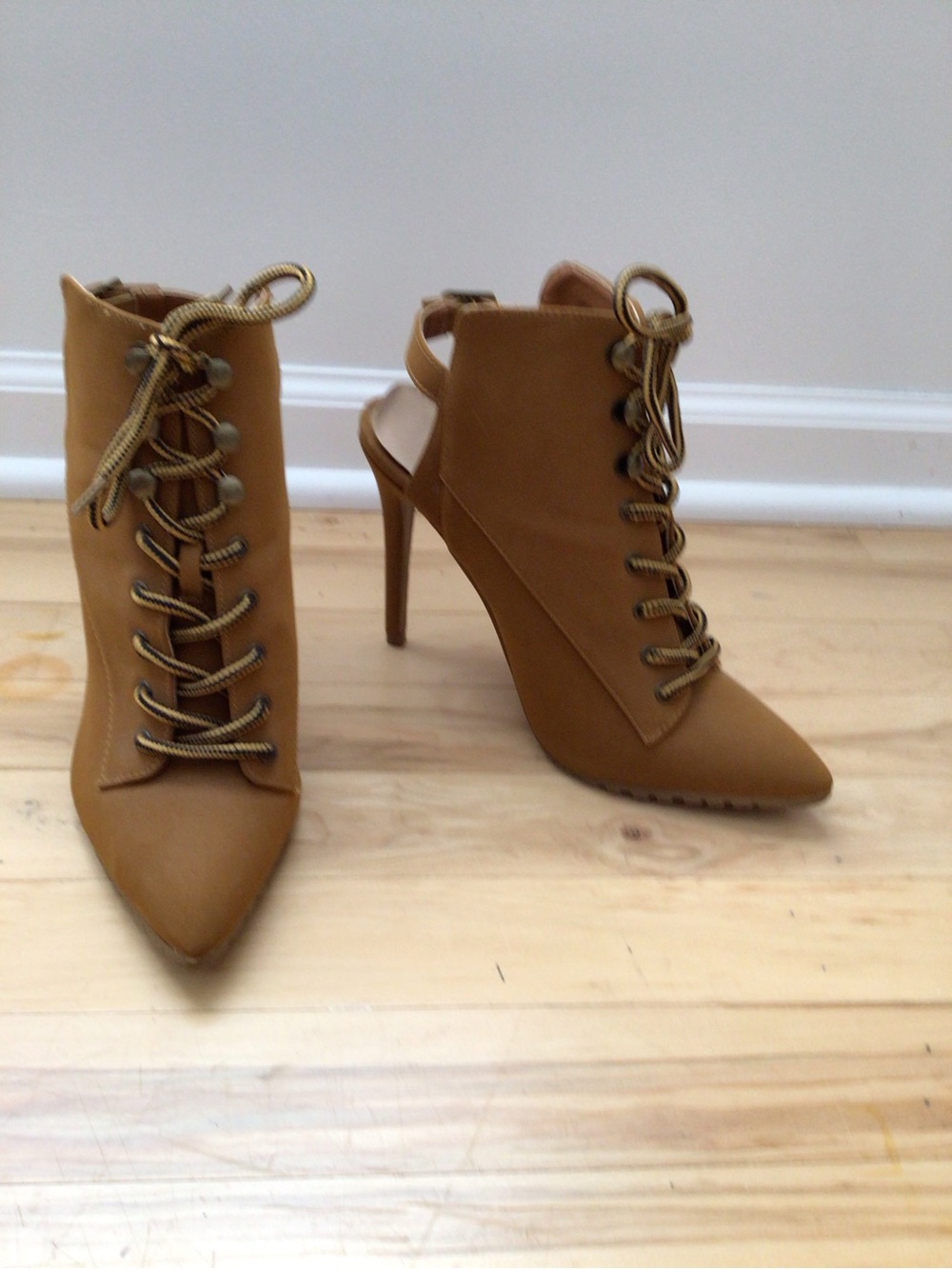 Shoe Dazzle Tan Lace-Up Stiletto Ankle Booties